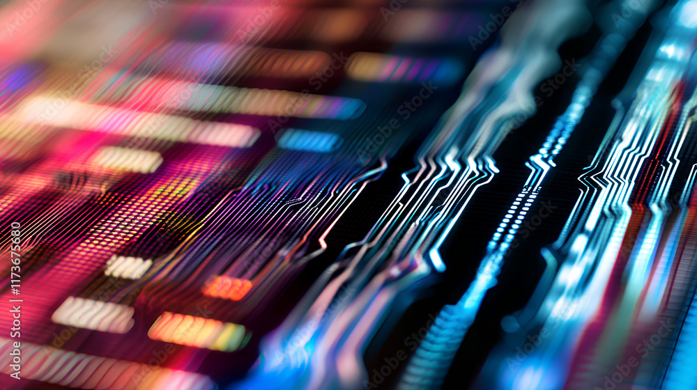 Colorful digital circuit board with intricate patterns illuminated by multicolored lights Colorful digital circuit board with intricate patterns illuminated by multicolored lights