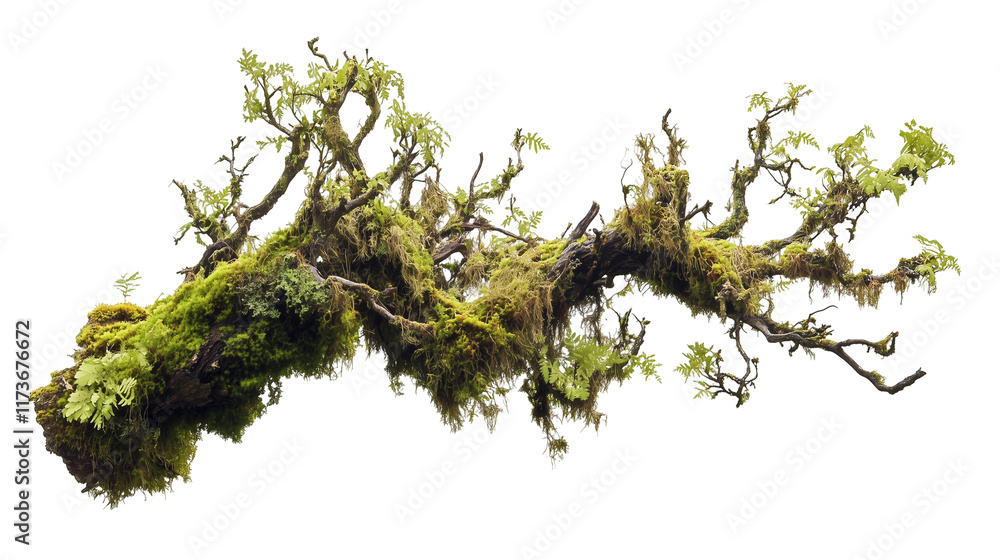 Moss and Ferns on Dry Tree Branch Isolated on White and Transparent Background
