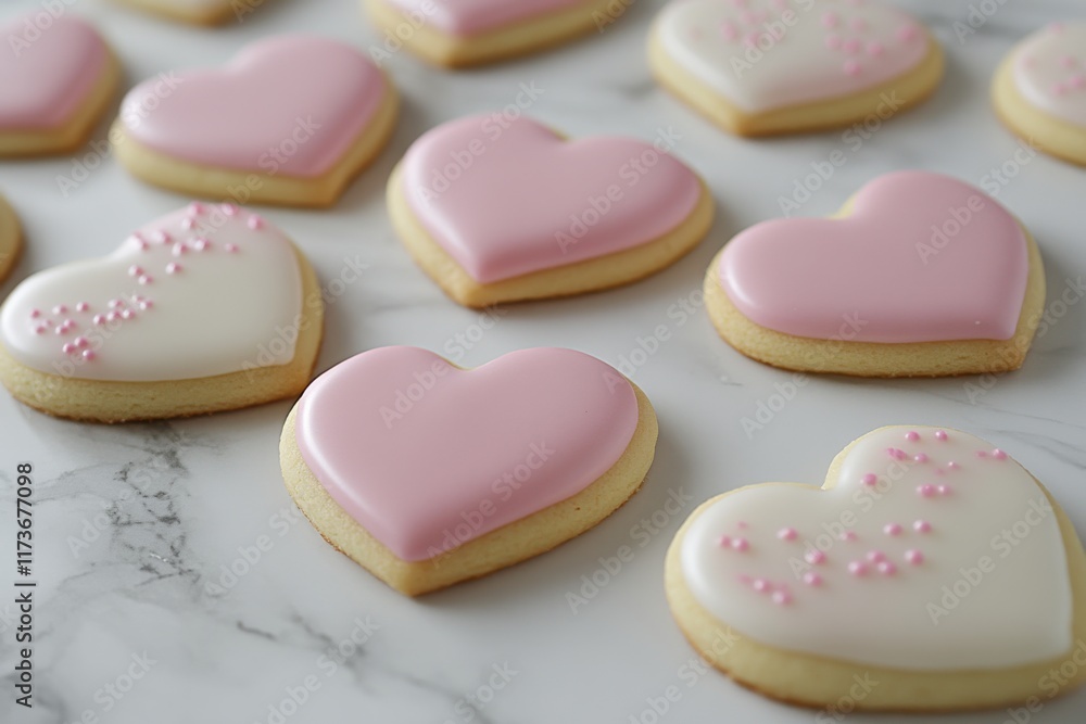 Heart-shaped cookies decorated with pink and white icing, perfect for Valentine's Day or any special occasion. Heart-shaped cookies decorated with pink and white icing, perfect for Valentine's Day or any special occasion.