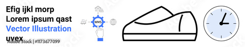 Hand interacting with gear mechanism, shoe outline, analog clock with blue borders. Ideal for technology, productivity, footwear design, workplace efficiency, mechanical interaction, time management