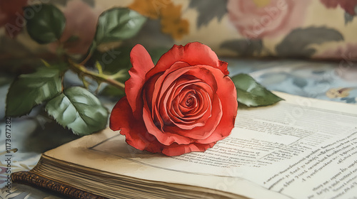 A beautiful red rose rests on an open book, evoking a sense of romance and nostalgia against a soft, floral backdrop.