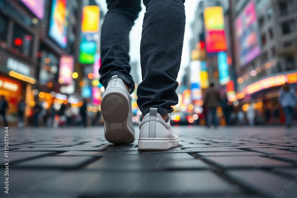 Close-up view of sneakers on a city street with vibrant urban lights in the background. Close-up view of sneakers on a city street with vibrant urban lights in the background.