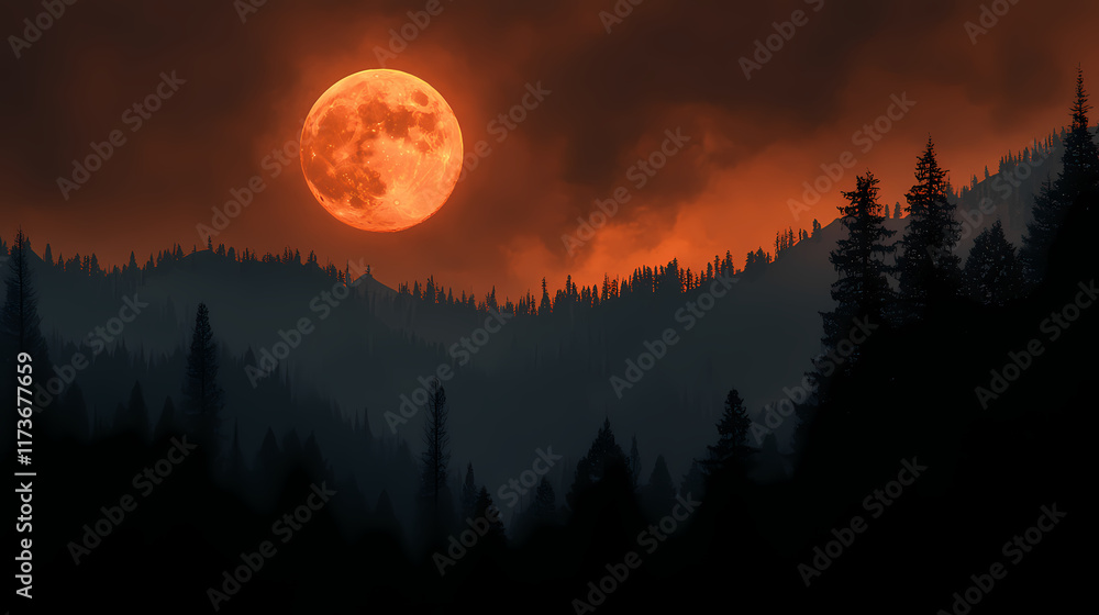 Stunning orange moonrise over forested mountains at twilight. Moonrise. Illustration Stunning orange moonrise over forested mountains at twilight. Moonrise. Illustration