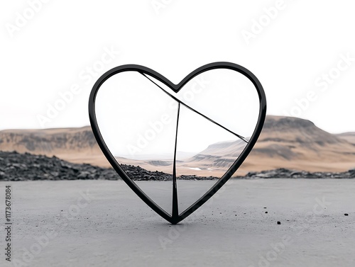 Broken heart on bleak landscape.