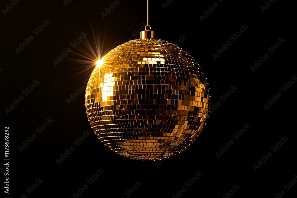 Obraz premium Golden disco ball illuminated with a starburst on a dark background.