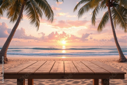 Fototapeta Naklejka Na Ścianę i Meble -  Wooden table on sandy beach with sunset and palm trees in the background.