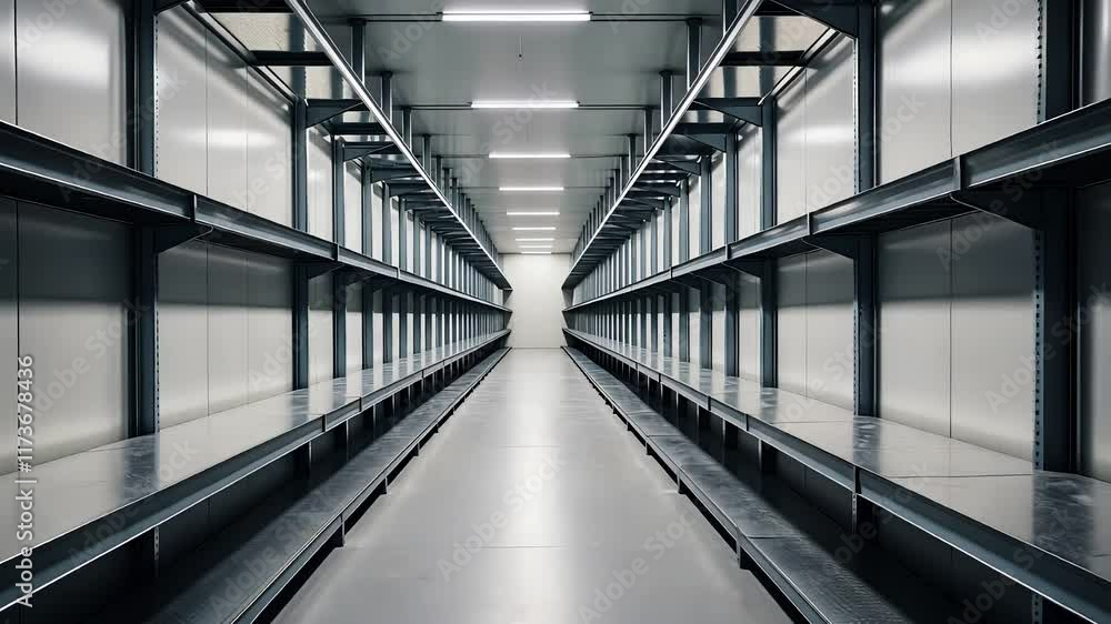 Empty Industrial Shelving Units in a Well-Lit Warehouse Space with a Clean and Minimalist Interior Design
Empty Industrial Shelving Units in a Well-Lit Warehouse Space with a Clean and Minimalist Interior Design