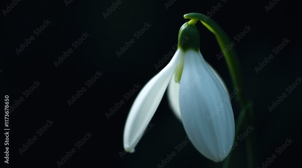 A single snowdrop flower blooms in darkness A single snowdrop flower blooms in darkness