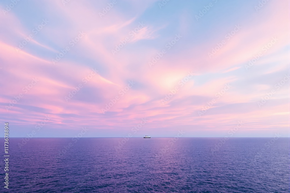 Fototapeta premium Serene ocean under pink and blue gradient sky with a distant ship.