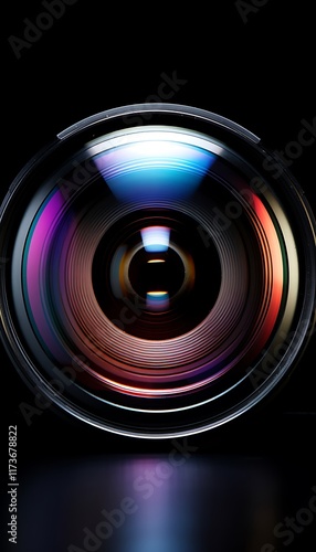 A close-up view of a camera lens reflecting light and colors.