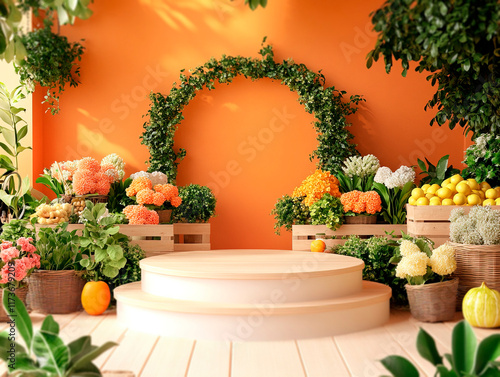 Colorful outdoor produce arrangement on a white-clothed table, with fresh flowers and various fruits Archway leads to another area Warm orange walls and light flooring Realistic - Generative AI photo