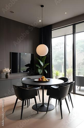 japanese style interior design of modern living room. Black dining table and chairs set in stylish room