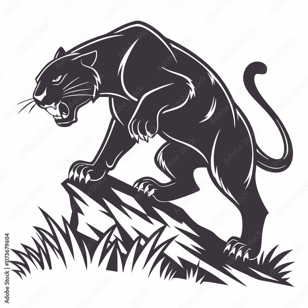 Obraz premium black, panther, vector, illustration, animal, jungle, wild, predator, big cat, silhouette, nature, wildlife, carnivore, fierce, powerful, black cat, shadow, sleek, mammal, animal icon, wildcat, cat