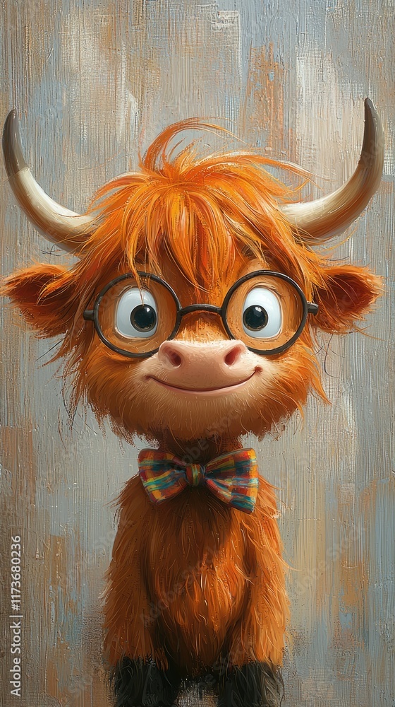 Obraz premium Humorous and artistic portraits of Highland cows in stylish outfits, AI generated