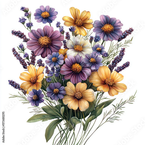 Colorful wildflower bouquet on white, rustic background, greeting card potential