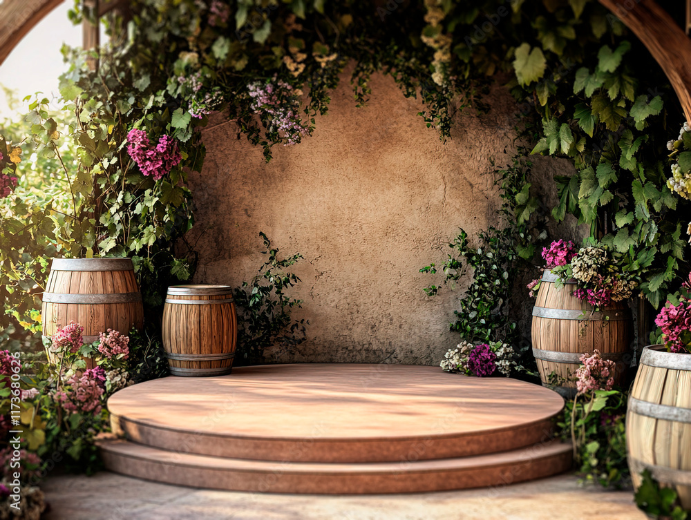 Fototapeta premium Image depicts a charming wine cellar with a wooden barrel in an alcove adorned by flowers, inviting tranquility and warmth - Generative AI