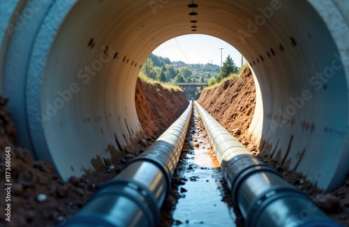 Modern water supply, sewerage system construction. Underground pipelines installed in trench encased in concrete pipe. Plastic pipes for water, wastewater disposal laid. Infrastructure project in photo