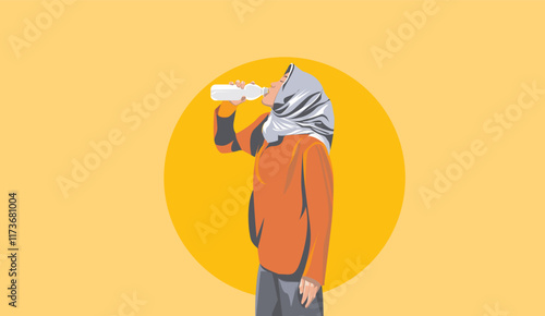 illustration vector graphic of woman drinking bottled mineral water suitable for advertising health and clean drinking water