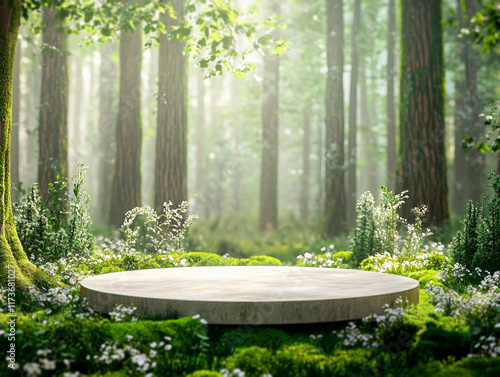 A mystical forest scene with a central stone structure, surrounded by vibrant greenery, moss, and white flowers Sunlight filters through towering trees creating dappled shadows, s - Generative AI photo