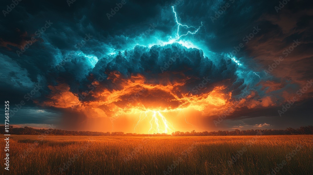 Dramatic storm clouds illuminated by lightning over a golden field at dusk. Dramatic storm clouds illuminated by lightning over a golden field at dusk.