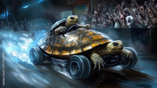 Two turtles racing in a go-kart, surrounded by a cheering crowd. photo