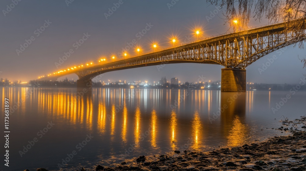 Fototapeta premium Illuminated Urban Bridge Over Water at Night