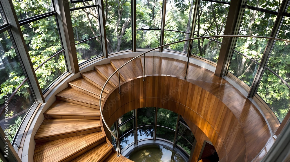Fototapeta premium Spiral Staircase with Glass Walls and Forest View