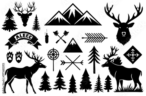 Silhouette Deer, Mountains, and Rustic Forest Elements Vector Design photo