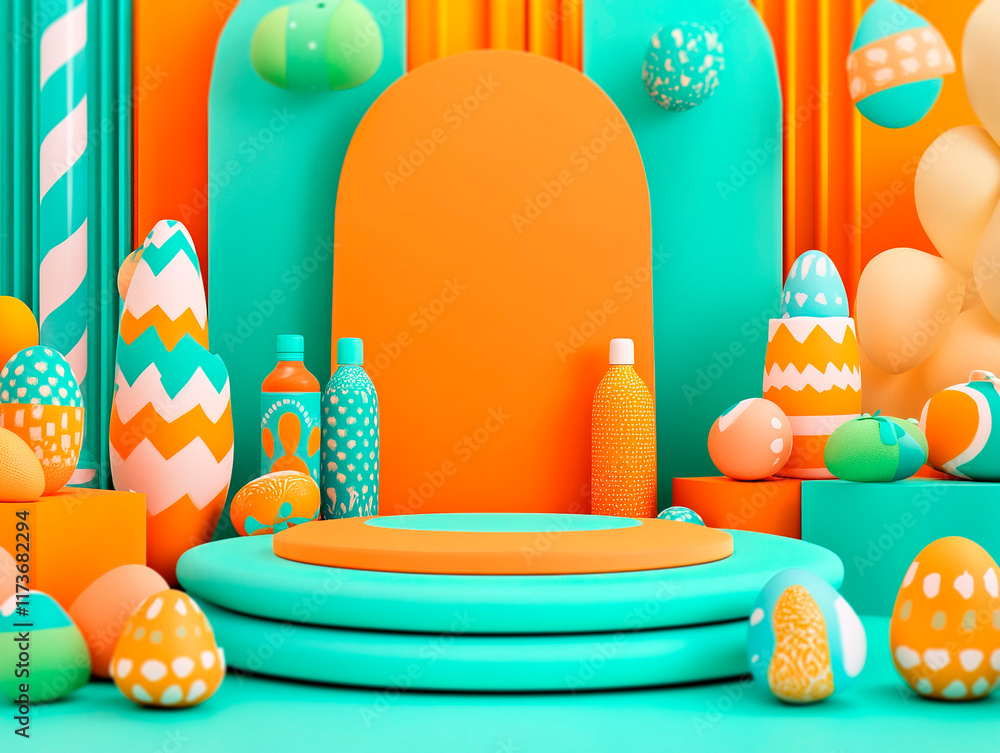 Vibrant Easter scene with a colorful, polka-dotted egg-shaped throne surrounded by various sized and shaped Easter eggs Background features pastel abstract design Two columns on - Generative AI Vibrant Easter scene with a colorful, polka-dotted egg-shaped throne surrounded by various sized and shaped Easter eggs Background features pastel abstract design Two columns on - Generative AI