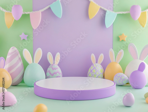 A festive Easter scene with pastel-colored background sections, hanging Easter eggs and bunny ears A purple easel-like structure in the center, surrounded by variously colored Eas - Generative AI photo