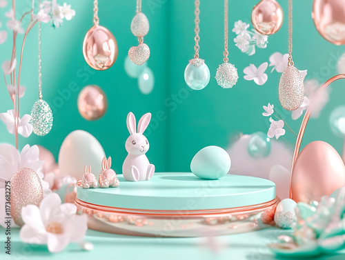 Easter-themed digital art featuring a large gold egg, smaller colored eggs, floral patterns, a plush rabbit, string decorations with bells and flowers, and a pastel teal background - Generative AI photo