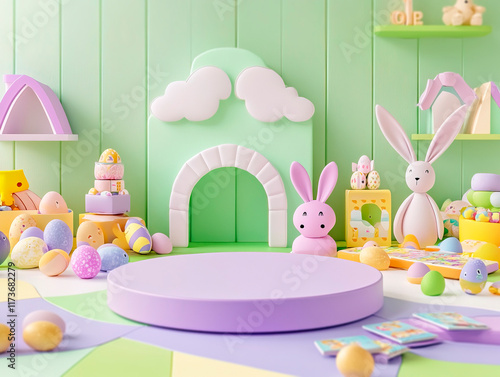 A vibrant, colorful childrens room with a play area entrance made from pink blocks, scattered toys like plush bunny and Easter eggs, bookshelf filled with books, green and purple - Generative AI photo