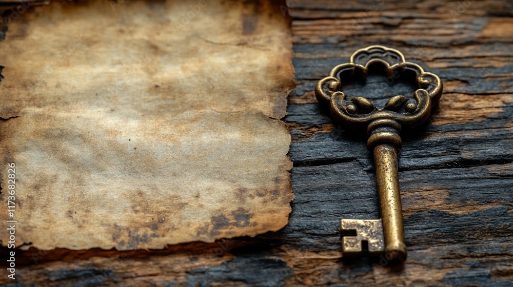 Antique Key and Aged Parchment on Rustic Wood Antique Key and Aged Parchment on Rustic Wood