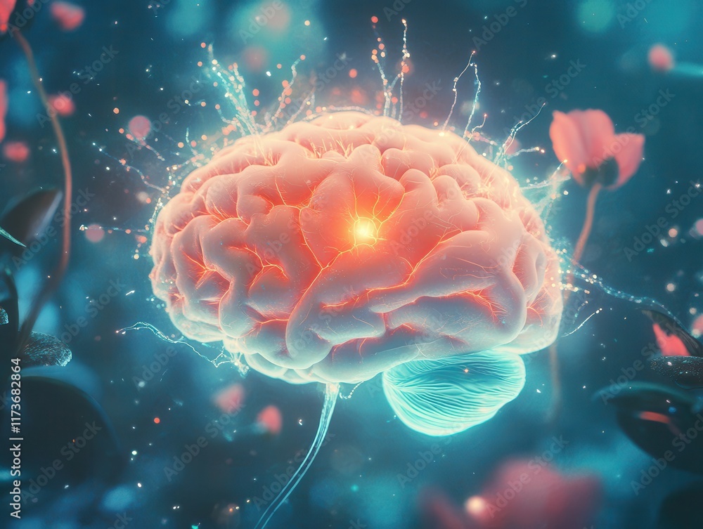 Fototapeta premium Glowing brain surrounded by nature, representing human intelligence.