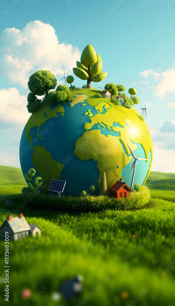 Naklejka premium Digital painting of a green earth with renewable energy sources as symbols of unity, bringing people together for a common cause, 8k, with white tones