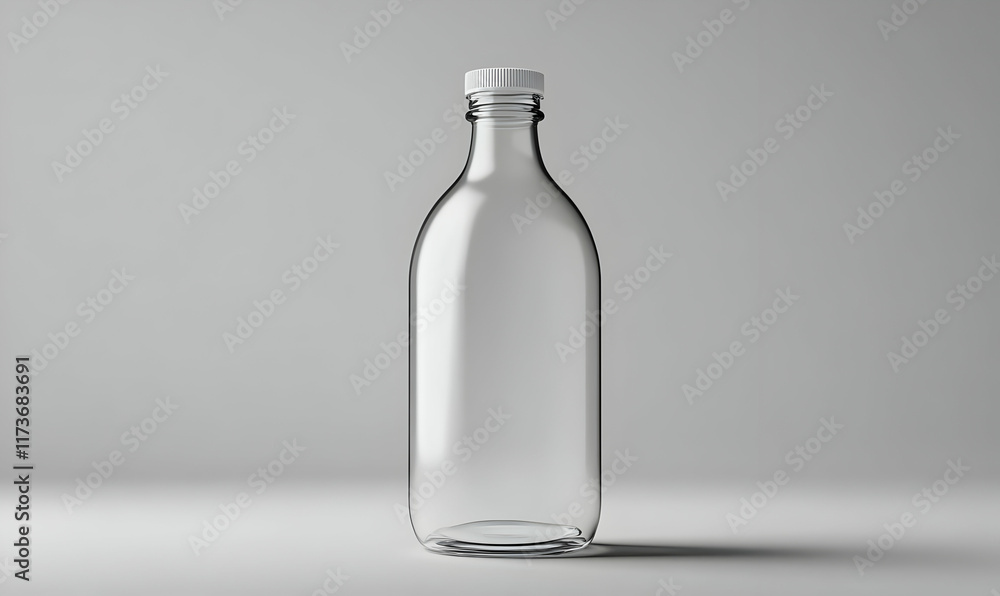 Clear glass bottle with white cap on a gray background. Empty, studio shot, ready for your design or product. Clear glass bottle with white cap on a gray background. Empty, studio shot, ready for your design or product.