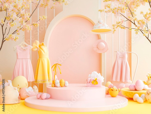 A vibrant image of a pink, childs room with a rotating doll display carousel, featuring three fashionable dolls The room is decorated with flowers, Easter eggs, and a plush bir - Generative AI photo