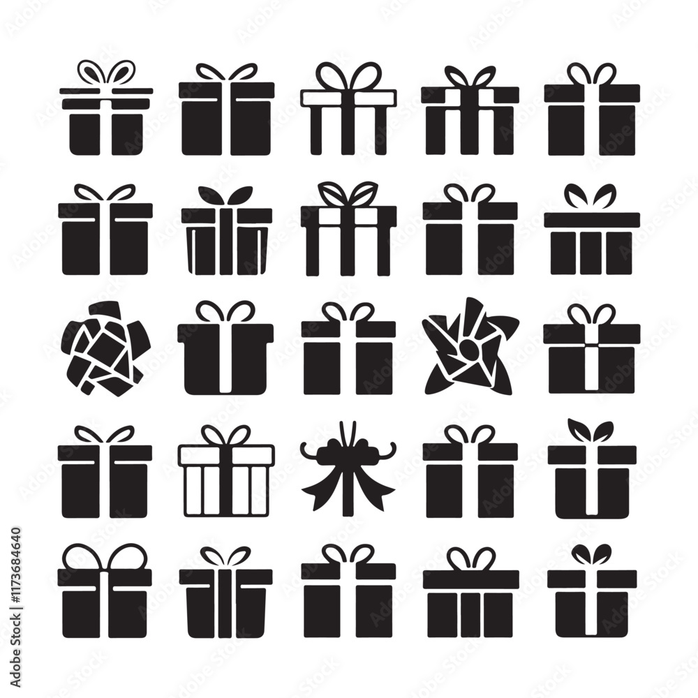 Gift boxes with ribbon icons Set. Gift box flat line silhouette on white background gift box with ribbon silhouette vector. Gift boxes with ribbon icons Set. Gift box flat line silhouette on white background gift box with ribbon silhouette vector.
