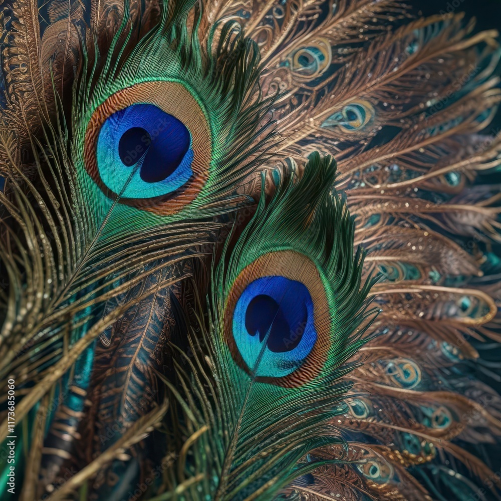 Fototapeta premium A pair of peacock feathers on display with their vibrant colors and intricate patterns, nature, elegant