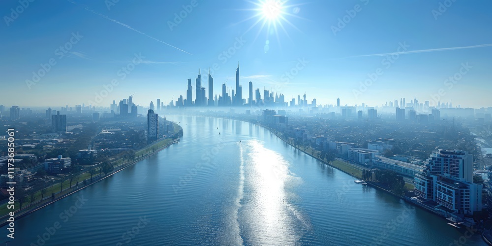 Fototapeta premium View of a vibrant urban landscape with a river and skyscrapers under a bright sun