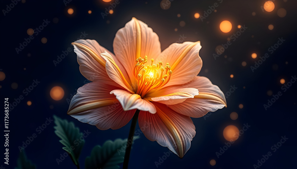 Illuminated Peach Dahlia: A Serene Night Bloom Illuminated Peach Dahlia: A Serene Night Bloom