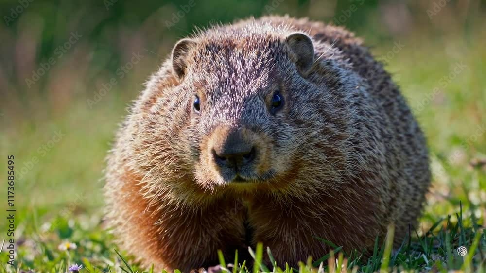 Groundhog Day. Fluffy marmot resting on the grass with a curious expression Groundhog Day. Fluffy marmot resting on the grass with a curious expression