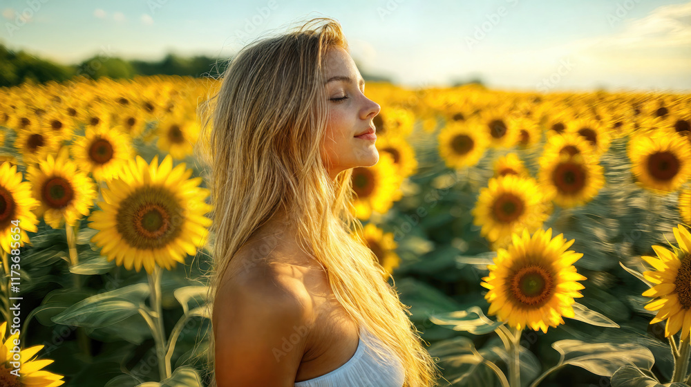 beautiful young woman standing in a sunflower field at sunset, wearing a summer dress, her brown hair flowing with joy and happiness as nature blooms in sunshine. beautiful young woman standing in a sunflower field at sunset, wearing a summer dress, her brown hair flowing with joy and happiness as nature blooms in sunshine.