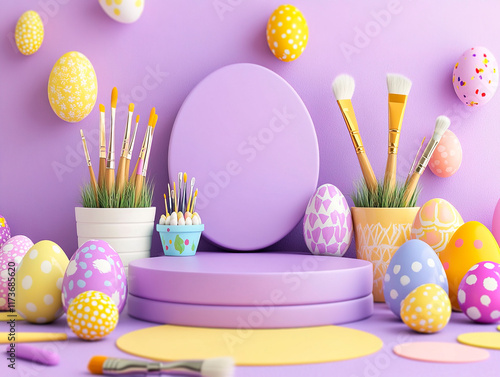 A vibrant Easter scene with a large purple egg and multicolored eggs on a blue wall, surrounded by art supplies and scattered paintbrushespencils The setting suggests artistic ex - Generative AI photo