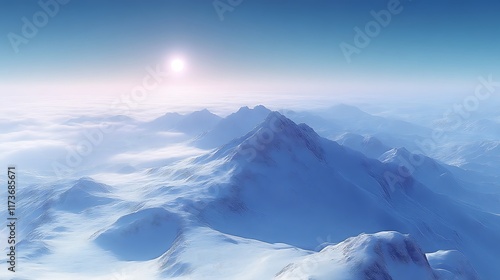 Snowy mountain range above clouds at sunrise.