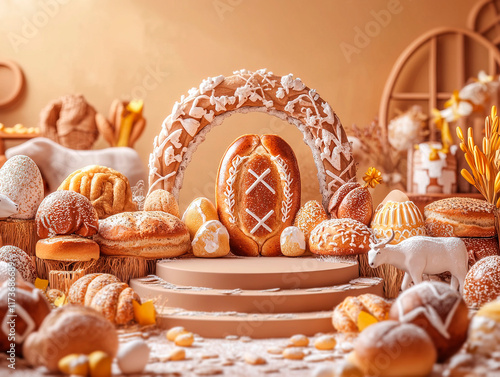 A detailed dessert table setup showcases an intricate multi-tiered cake, surrounded by various pastries and small desserts The display is arranged meticulously and features additi - Generative AI photo