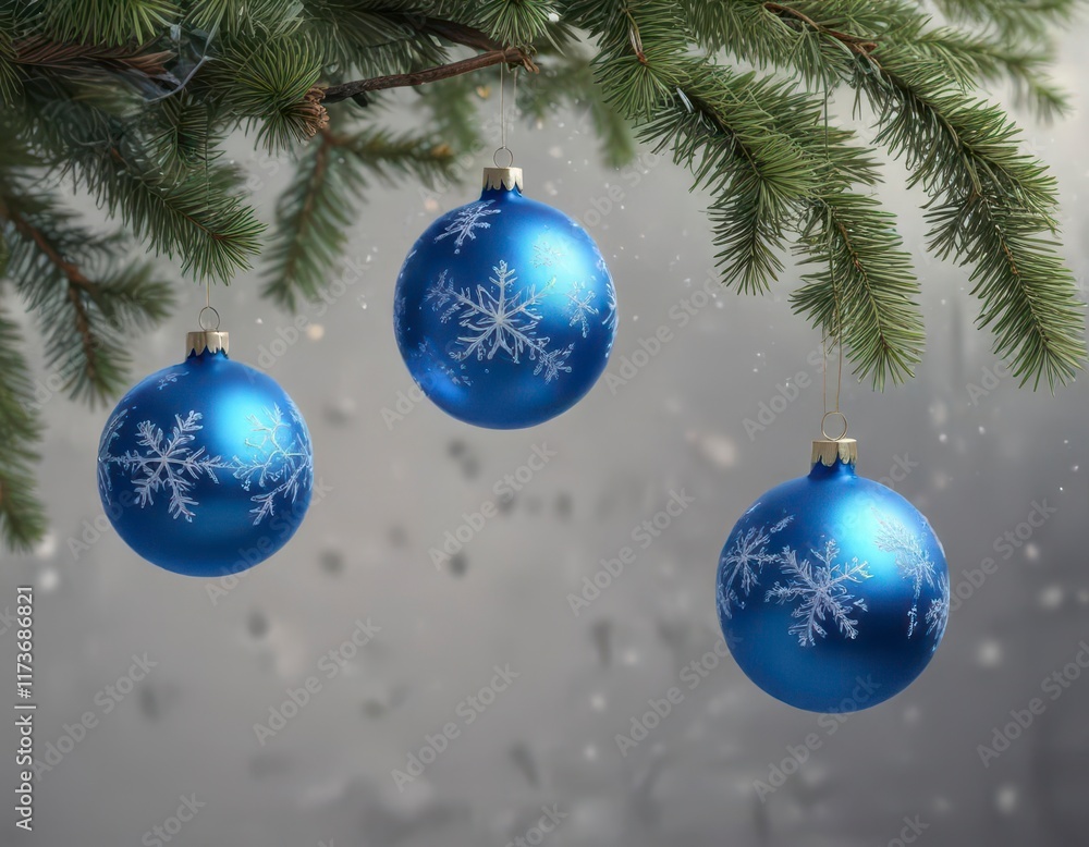Blue ornaments with snowflakes hanging from a branch , decoration, blue Blue ornaments with snowflakes hanging from a branch , decoration, blue