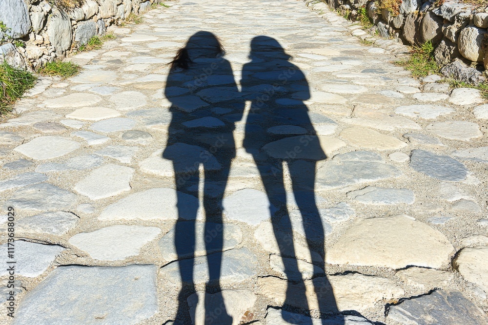 Shadows of two people walking on a stone path. A sunny day casts long shadows, creating a mysterious and peaceful scene. Shadows of two people walking on a stone path. A sunny day casts long shadows, creating a mysterious and peaceful scene.