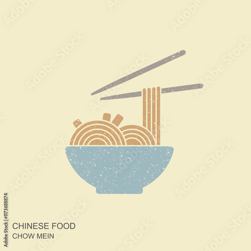 Bowl of chow mein noodles with chopsticks. Vector flat Illustration Flat vector icon in retro style