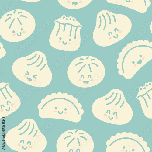 Seamless background with flat Chinese kawaii dumplings. Xiao Long Bao, Siu Mai, Baozi